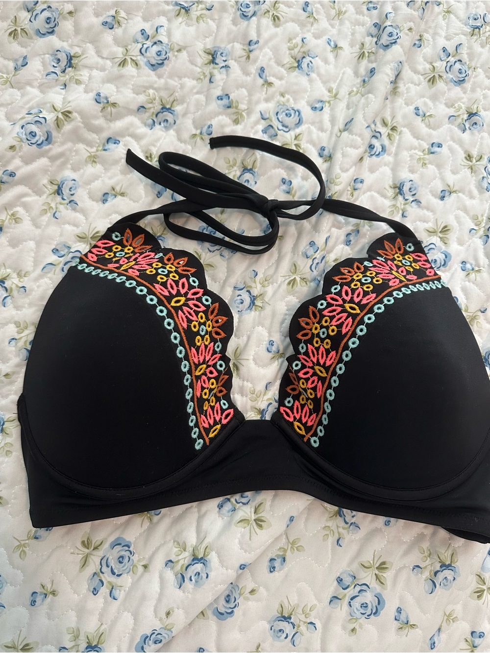 Shade & Shore Black Bikini Top with Multicolor Embroidery